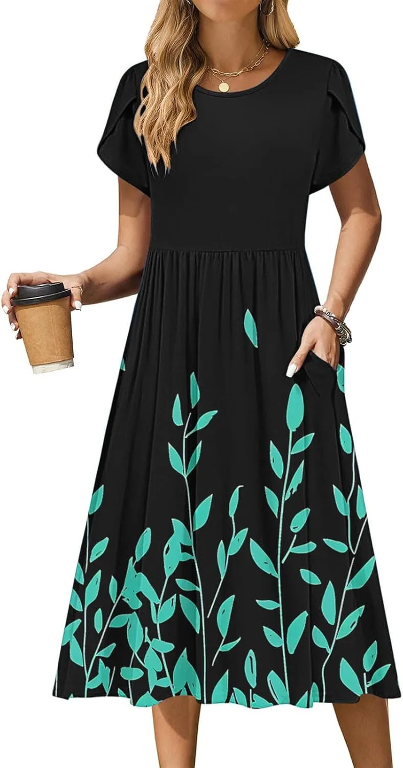 Aline Dress for Women Summer Short Sleeve Curvy Hem Dresses Vacation Boho Beach Sundress with Pockets