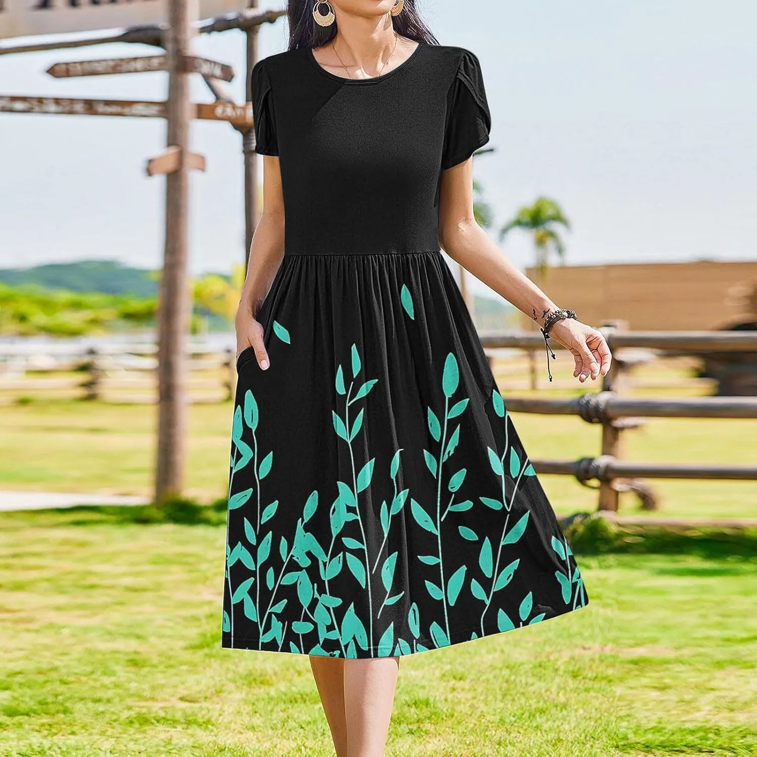 Aline Dress for Women Summer Short Sleeve Curvy Hem Dresses Vacation Boho Beach Sundress with Pockets