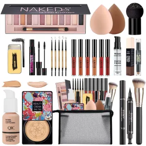 All in One Makeup Kit for Women Full Kit, 12 Colors Eyeshadow, Foundation & Primer, CC Cream, Lipsticks, Mascara, Makeup Brush & Sponge, Brow Pencil & Soap, Eyeliner, Contour Stick, Cosmetics Bag
