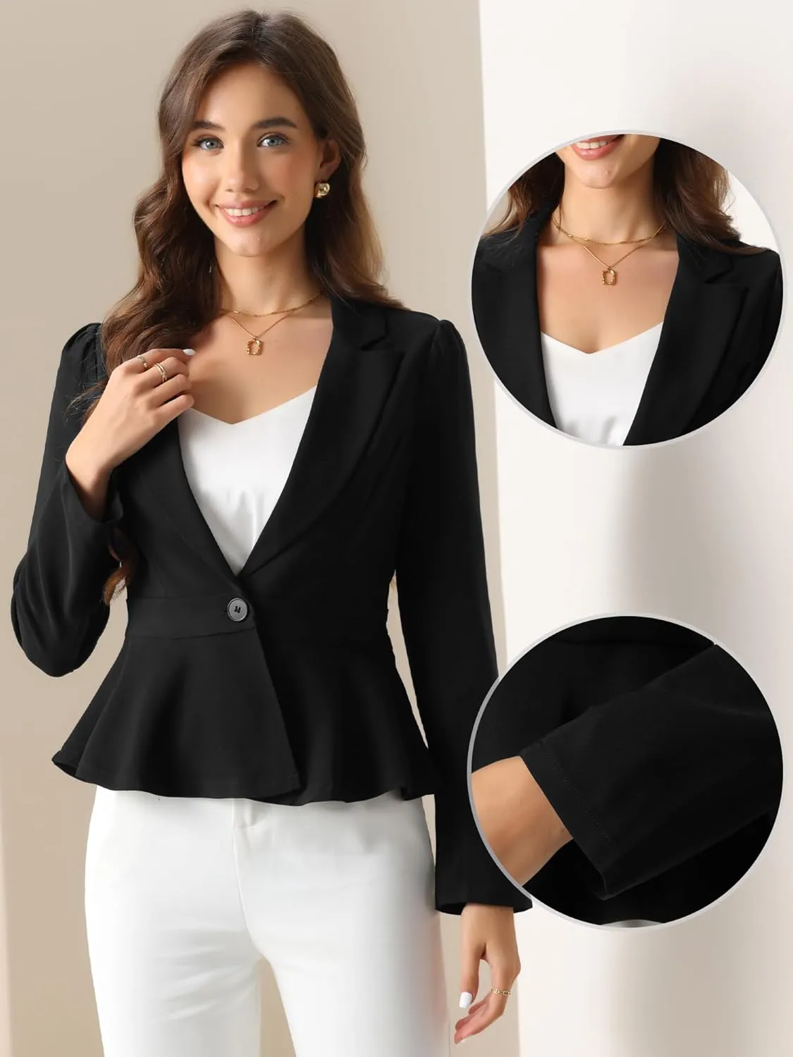 Allegra K Dressy Casual Blazer for Women's Elegant Long Sleeve Button Closure Ruffle Peplum Jacket