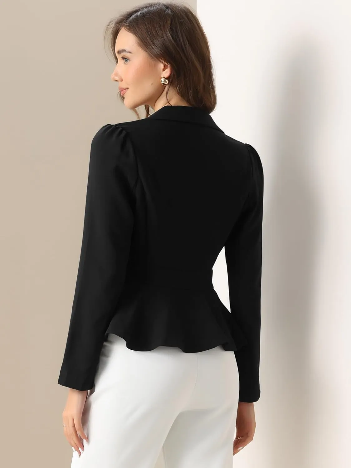 Allegra K Dressy Casual Blazer for Women's Elegant Long Sleeve Button Closure Ruffle Peplum Jacket