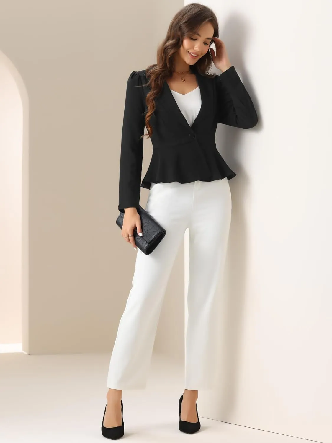 Allegra K Dressy Casual Blazer for Women's Elegant Long Sleeve Button Closure Ruffle Peplum Jacket