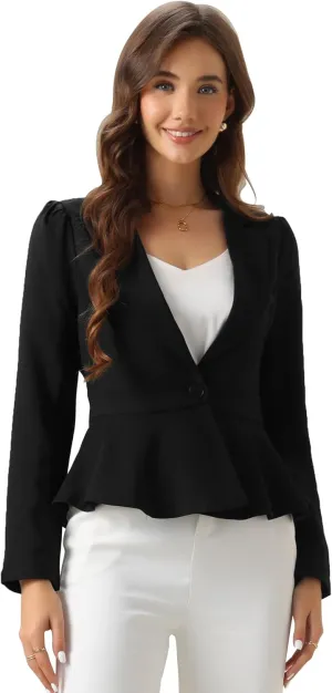 Allegra K Dressy Casual Blazer for Women's Elegant Long Sleeve Button Closure Ruffle Peplum Jacket