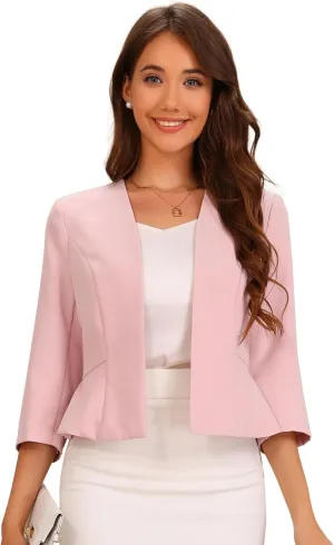 Allegra K Elegant Blazer for Women's Open Front Collarless 3/4 Sleeve Peplum Business Work Suit Jacket