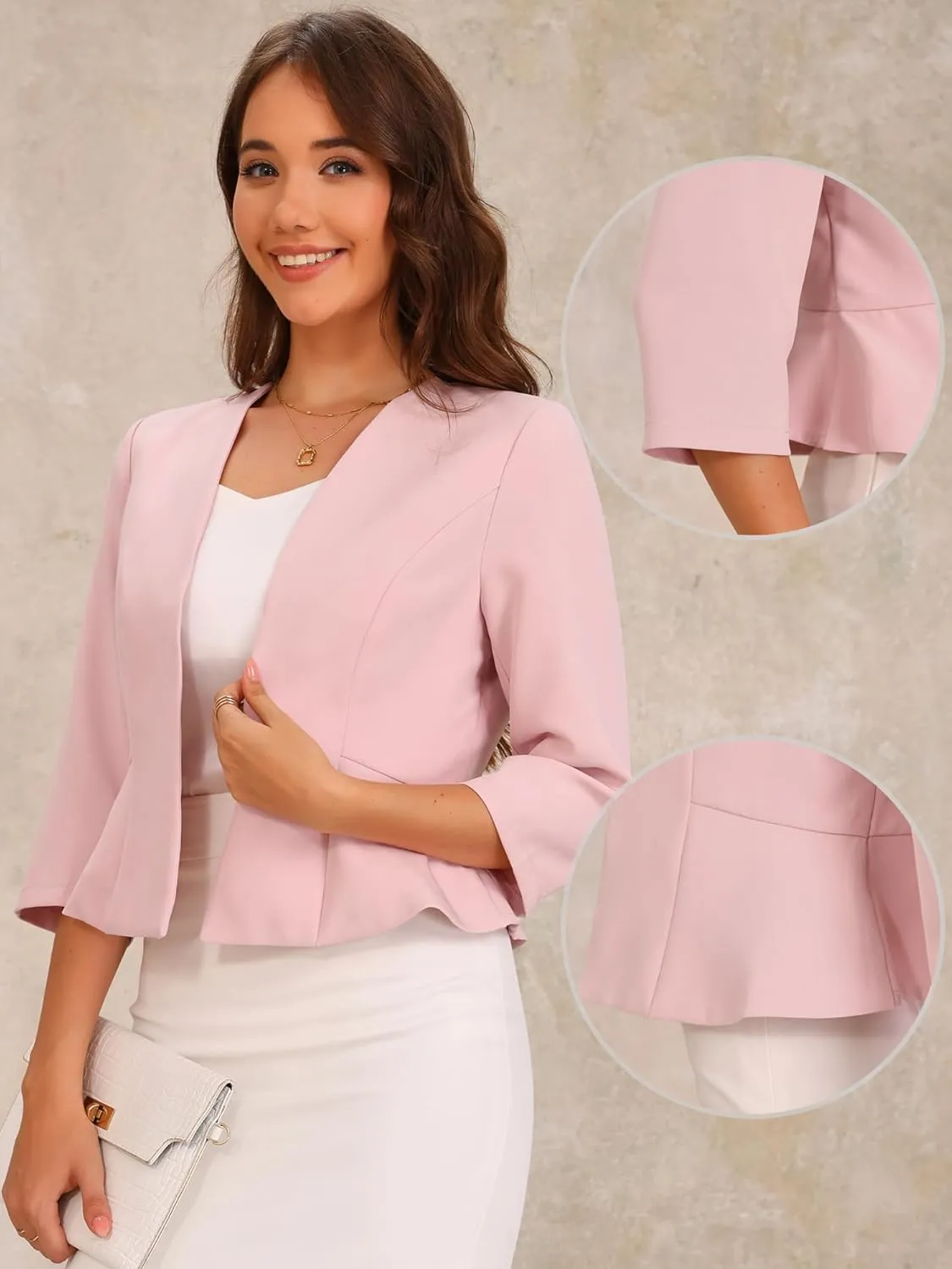 Allegra K Elegant Blazer for Women's Open Front Collarless 3/4 Sleeve Peplum Business Work Suit Jacket