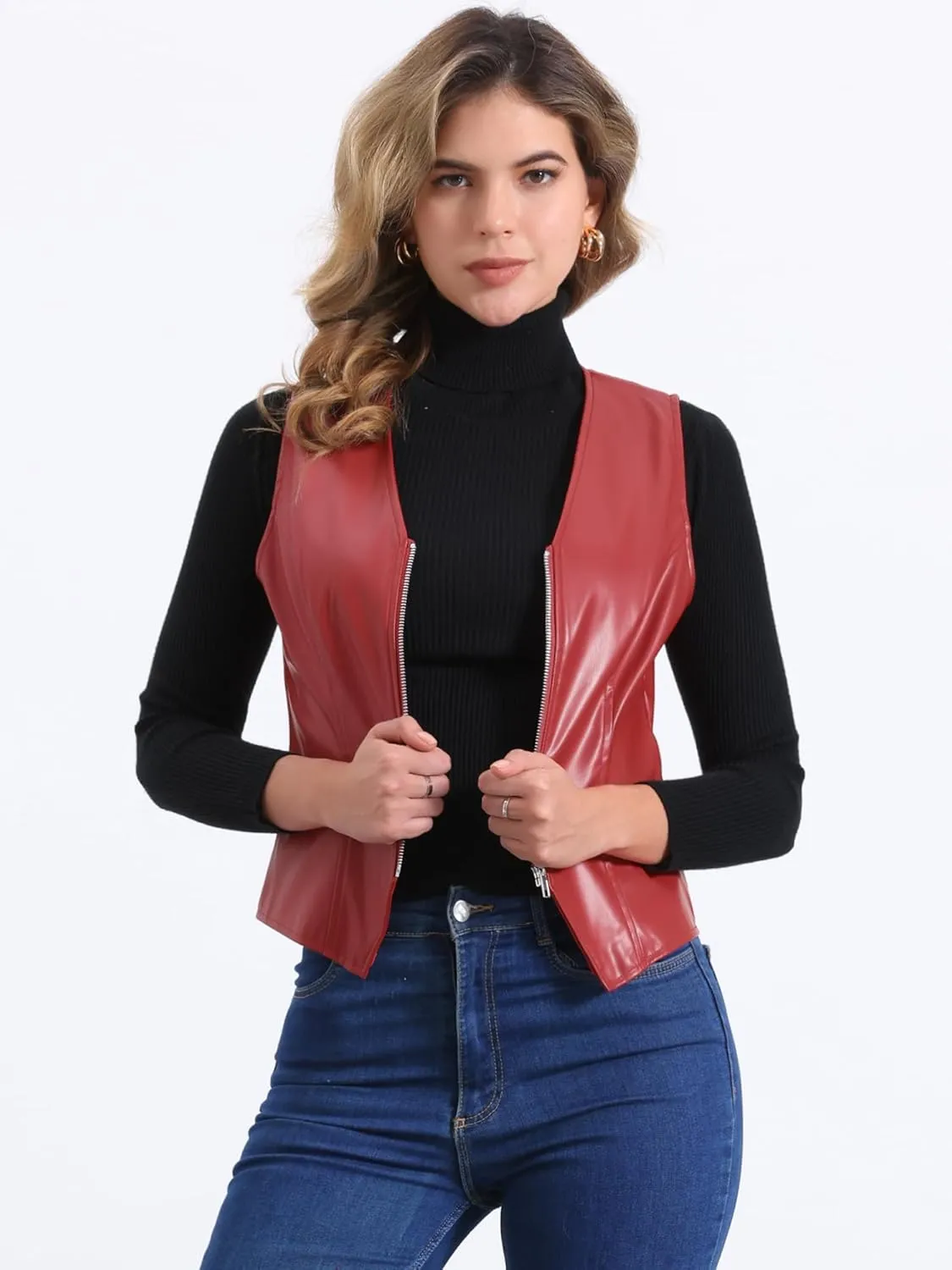 Allegra K Women's Faux Leather Waistcoat V Neck Sleeveless Zipper Motorcycle Biker Vintage Vest Jacket