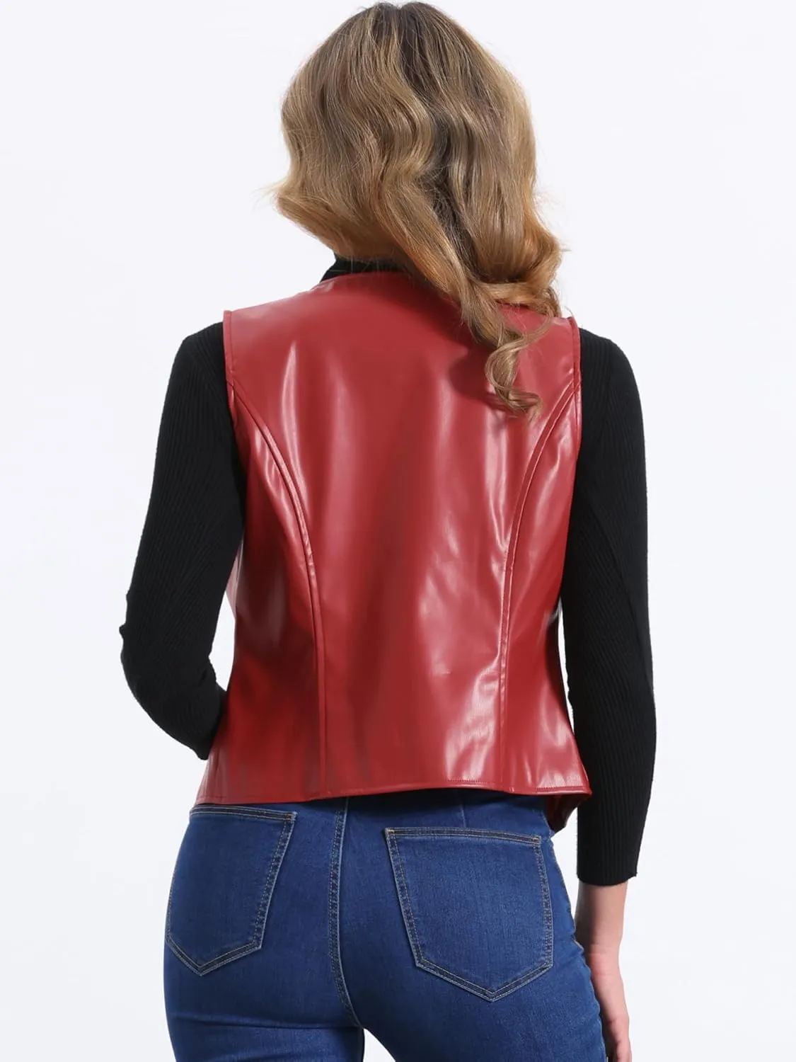 Allegra K Women's Faux Leather Waistcoat V Neck Sleeveless Zipper Motorcycle Biker Vintage Vest Jacket