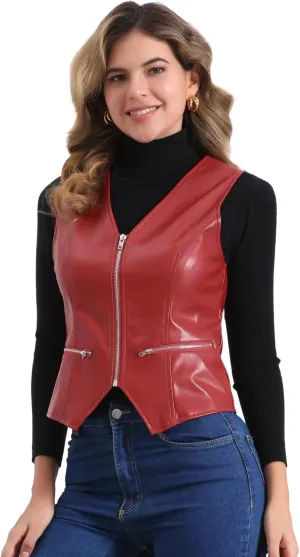 Allegra K Women's Faux Leather Waistcoat V Neck Sleeveless Zipper Motorcycle Biker Vintage Vest Jacket
