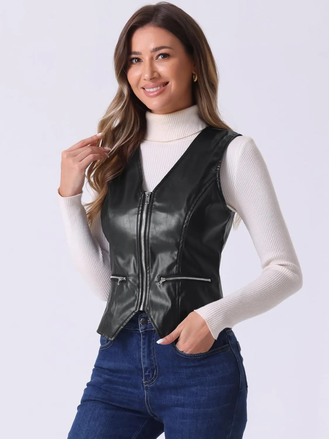 Allegra K Women's Faux Leather Waistcoat V Neck Sleeveless Zipper Motorcycle Biker Vintage Vest Jacket