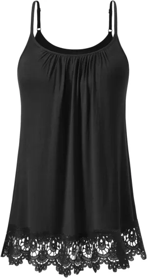 AMVELOP Women's Camisole Tops Built in Bra Casual Flowy Lace Tank Adjustable Strap Sleeveless Summer Outfits 2025
