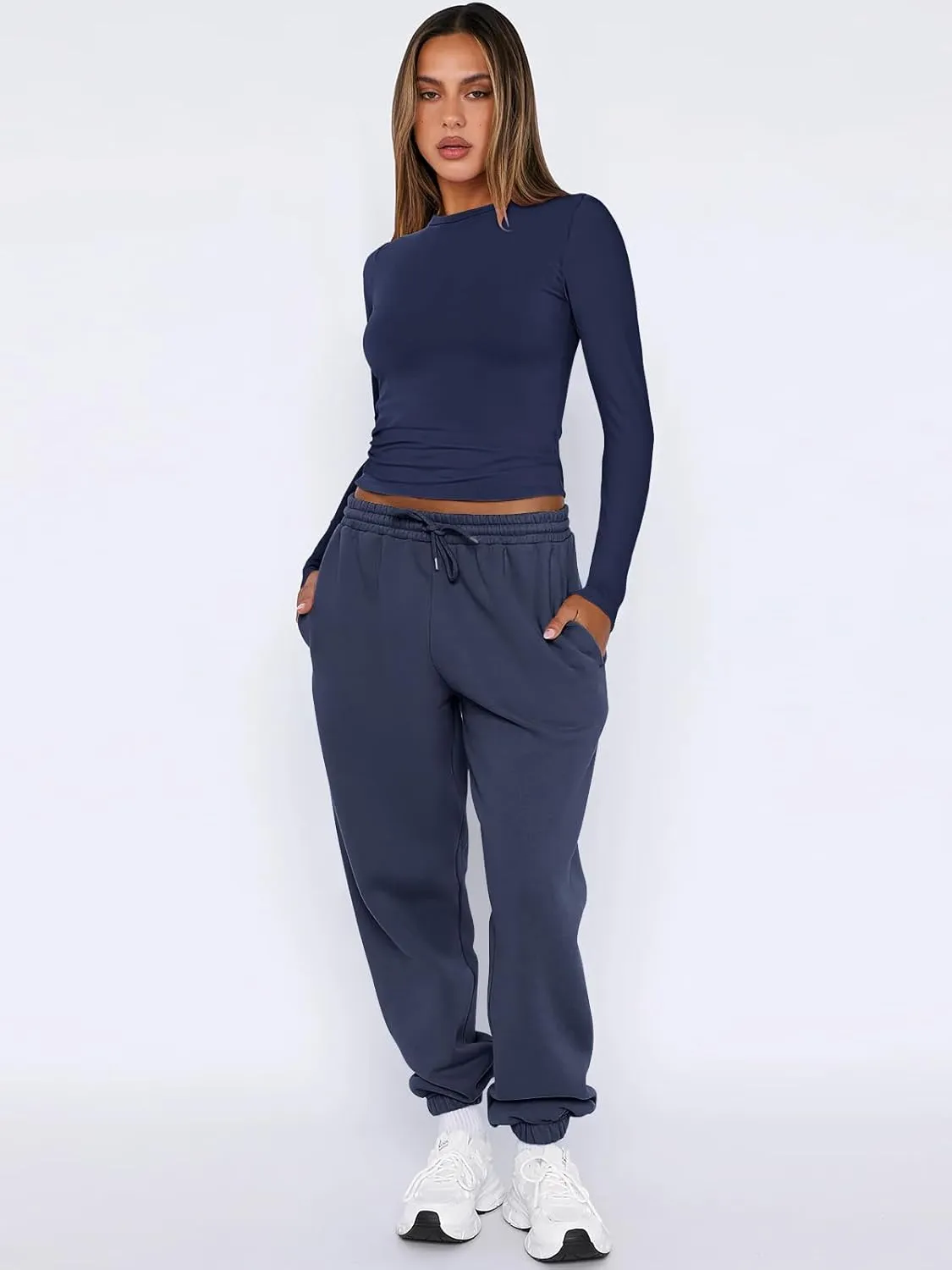 ANRABESS Womens 2 Piece Sweatsuits Long Sleeve Tight Shirt Tops Joggers Fleece Sweatpants Sets 2024 Fall Sweat Lounge Outfits