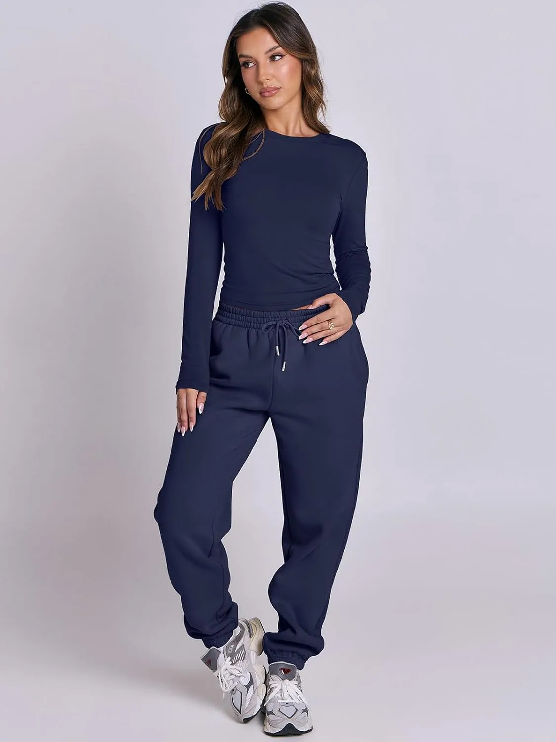 ANRABESS Womens 2 Piece Sweatsuits Long Sleeve Tight Shirt Tops Joggers Fleece Sweatpants Sets 2024 Fall Sweat Lounge Outfits