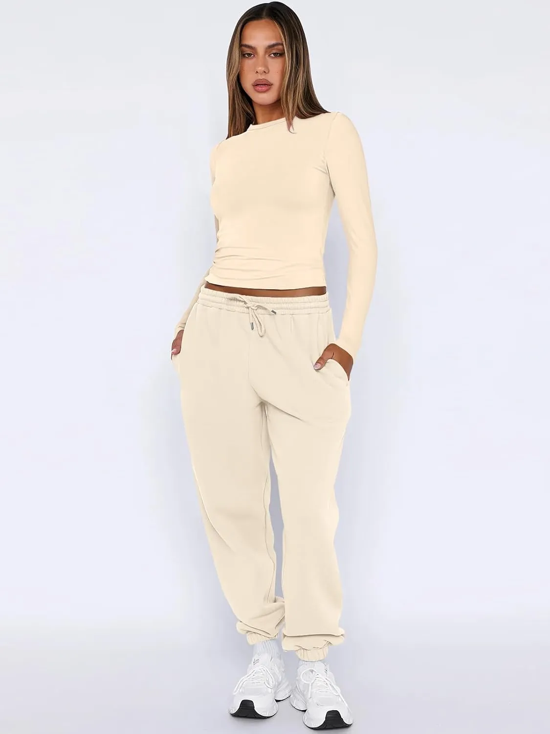 ANRABESS Womens 2 Piece Sweatsuits Long Sleeve Tight Shirt Tops Joggers Fleece Sweatpants Sets 2024 Fall Sweat Lounge Outfits