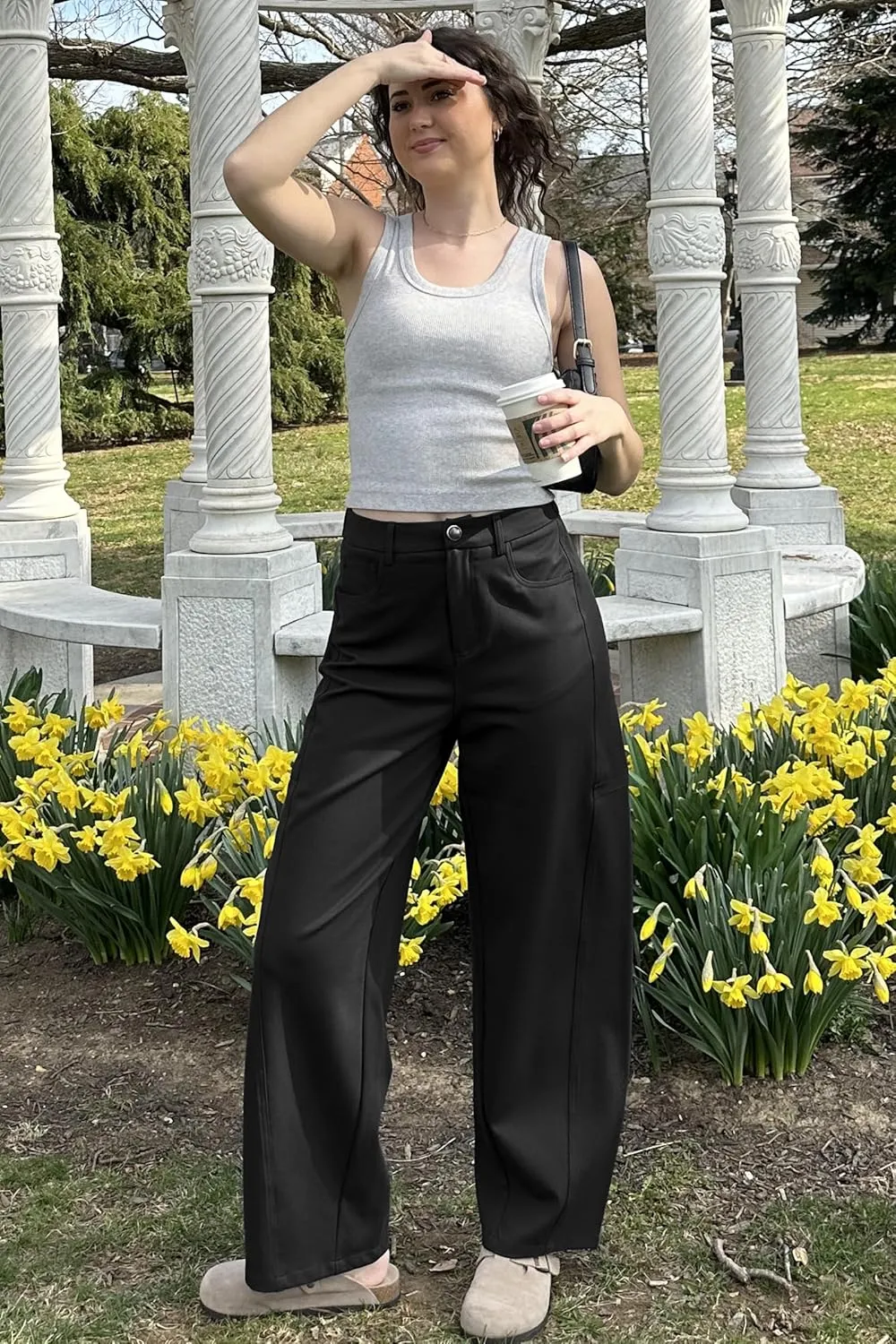 Arach&Cloz 2025 Women's Stretch Wrinkle Free Wide Leg Trousers Casual High Elastic Waisted Loose Palazzo Pants with Pockets