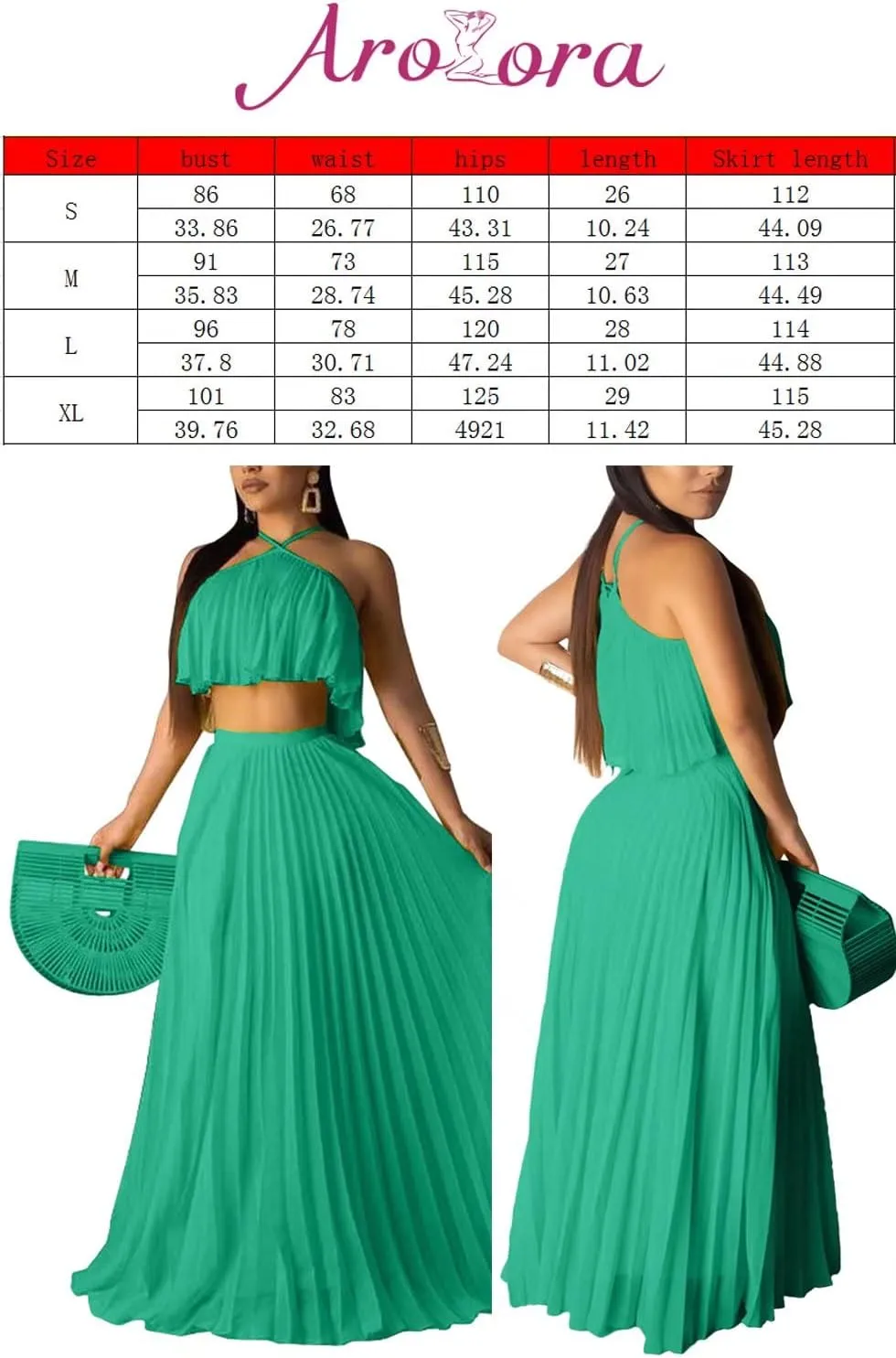 Aro Lora Women's Sexy Chiffon Sleeveless Ruffle Crop Top Pleated Long Skirt 2 Piece Maxi Dress