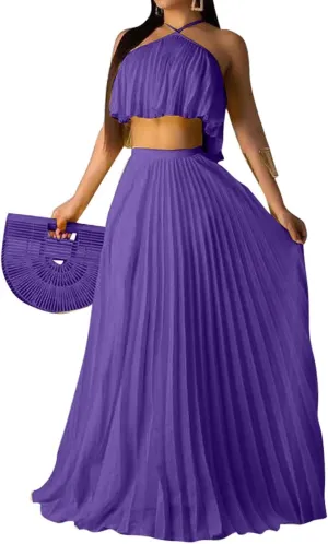 Aro Lora Women's Sexy Chiffon Sleeveless Ruffle Crop Top Pleated Long Skirt 2 Piece Maxi Dress