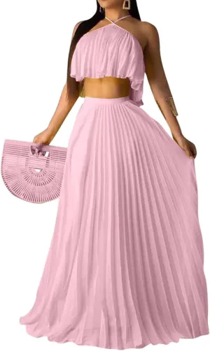 Aro Lora Women's Sexy Chiffon Sleeveless Ruffle Crop Top Pleated Long Skirt 2 Piece Maxi Dress