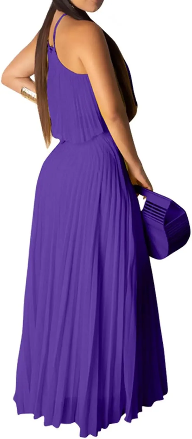 Aro Lora Women's Sexy Chiffon Sleeveless Ruffle Crop Top Pleated Long Skirt 2 Piece Maxi Dress