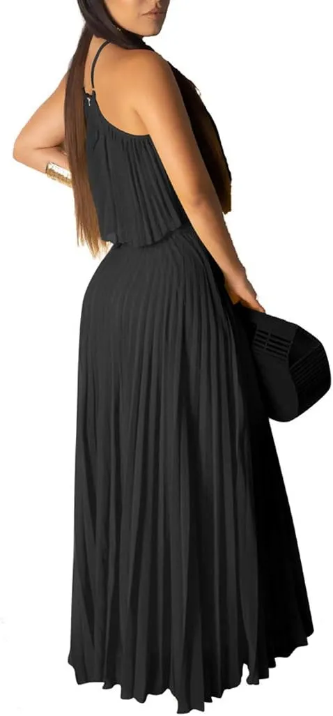 Aro Lora Women's Sexy Chiffon Sleeveless Ruffle Crop Top Pleated Long Skirt 2 Piece Maxi Dress