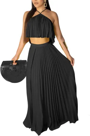 Aro Lora Women's Sexy Chiffon Sleeveless Ruffle Crop Top Pleated Long Skirt 2 Piece Maxi Dress