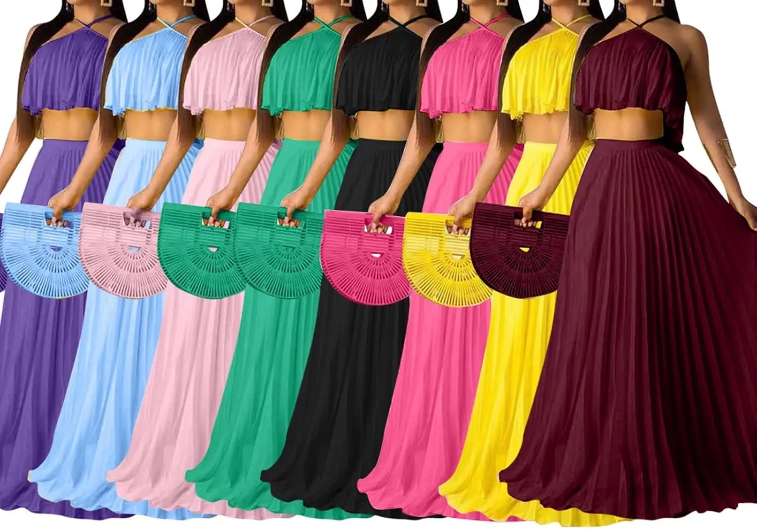 Aro Lora Women's Sexy Chiffon Sleeveless Ruffle Crop Top Pleated Long Skirt 2 Piece Maxi Dress
