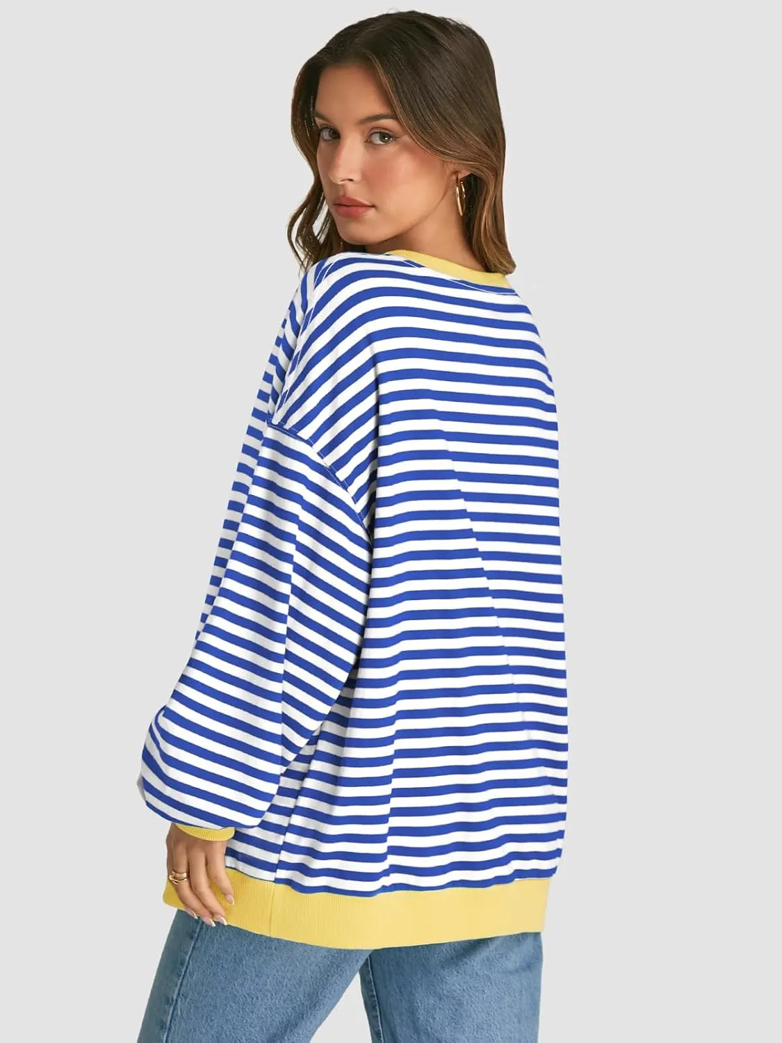 ATHMILE Women's Striped Oversized Sweatshirt Long Sleeve Shirts for Women Crewneck Hoodies Casual Pullover Top Y2K Tops