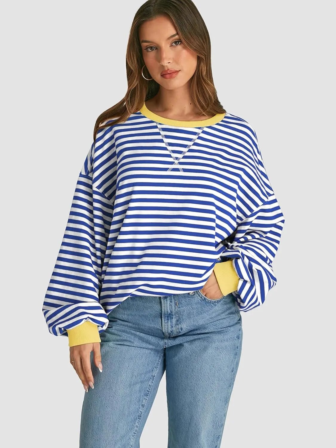 ATHMILE Women's Striped Oversized Sweatshirt Long Sleeve Shirts for Women Crewneck Hoodies Casual Pullover Top Y2K Tops