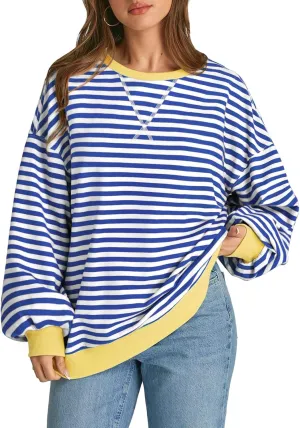 ATHMILE Women's Striped Oversized Sweatshirt Long Sleeve Shirts for Women Crewneck Hoodies Casual Pullover Top Y2K Tops