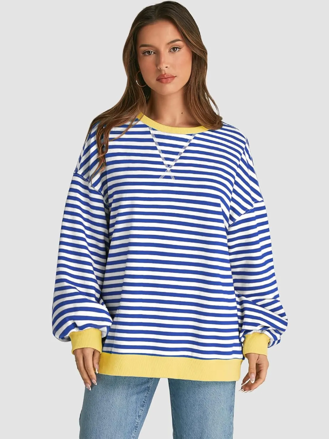 ATHMILE Women's Striped Oversized Sweatshirt Long Sleeve Shirts for Women Crewneck Hoodies Casual Pullover Top Y2K Tops