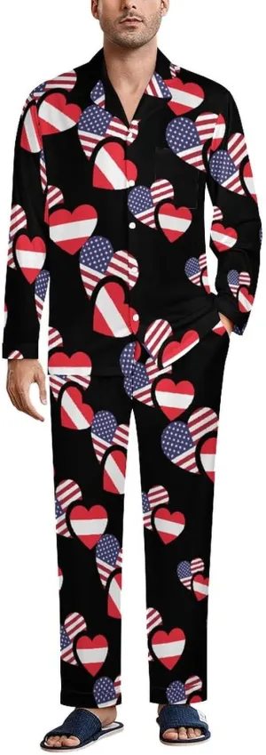 Austria US Flag 2 PCS Men Pajama Set Long Sleeve Button-down Shirts Tops & Sleep Pants Loungewear
