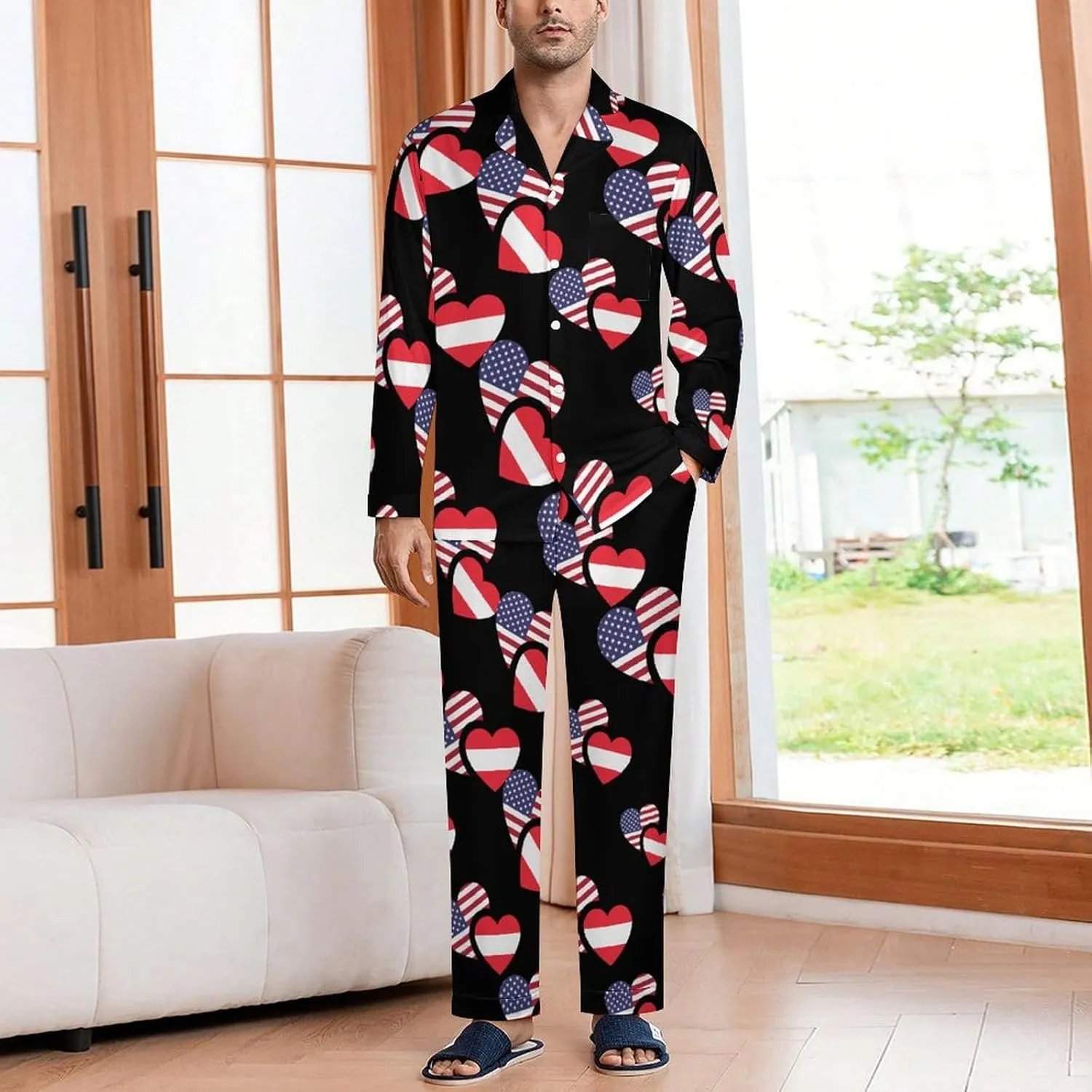Austria US Flag 2 PCS Men Pajama Set Long Sleeve Button-down Shirts Tops & Sleep Pants Loungewear