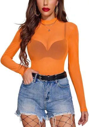 Avidlove Mesh Top for Women Long Sleeve See Through Shirt Mock Neck Sheer Blouse S-XXL