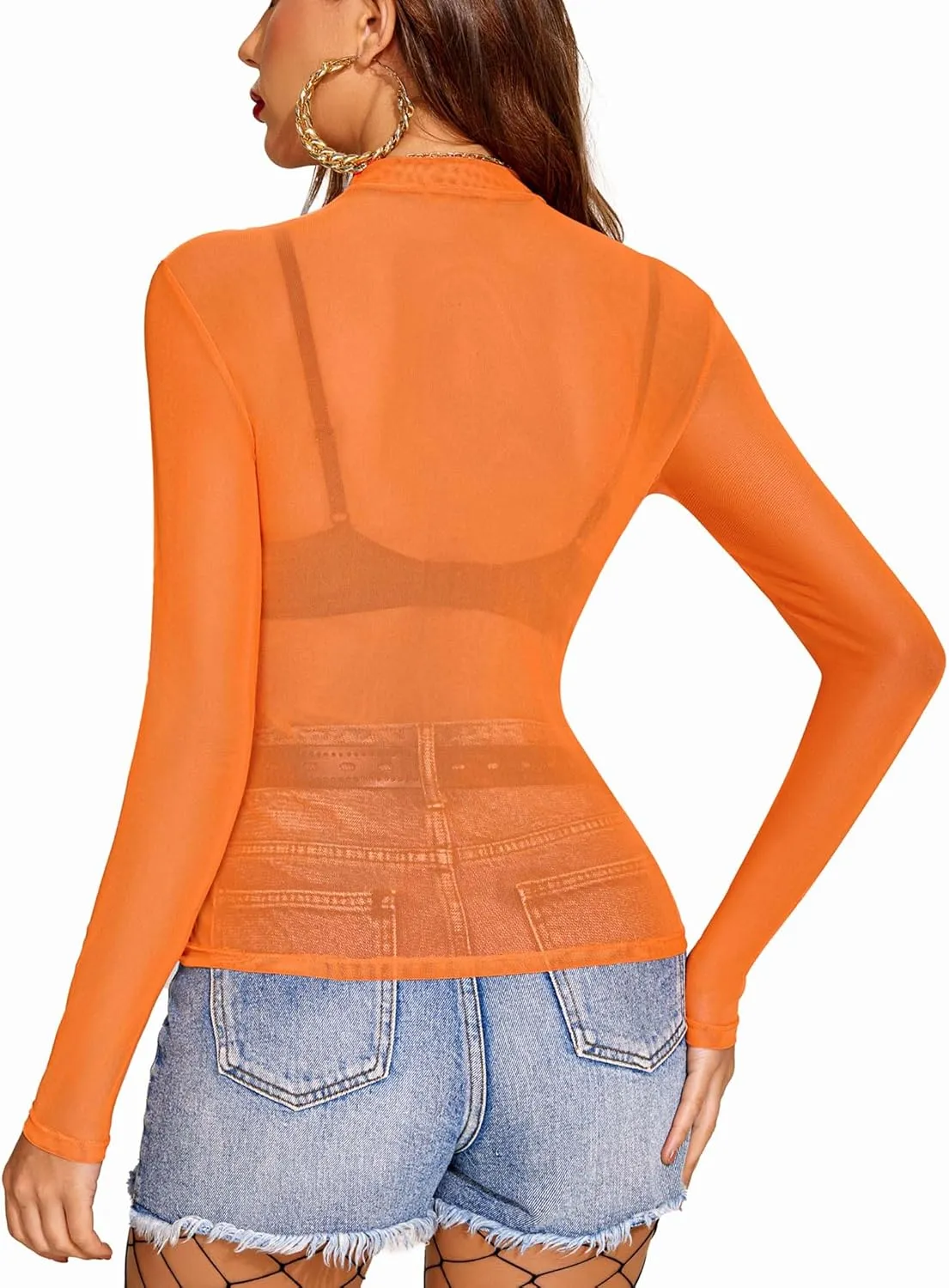 Avidlove Mesh Top for Women Long Sleeve See Through Shirt Mock Neck Sheer Blouse S-XXL