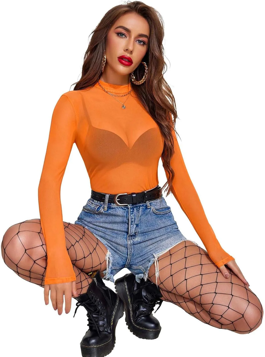 Avidlove Mesh Top for Women Long Sleeve See Through Shirt Mock Neck Sheer Blouse S-XXL