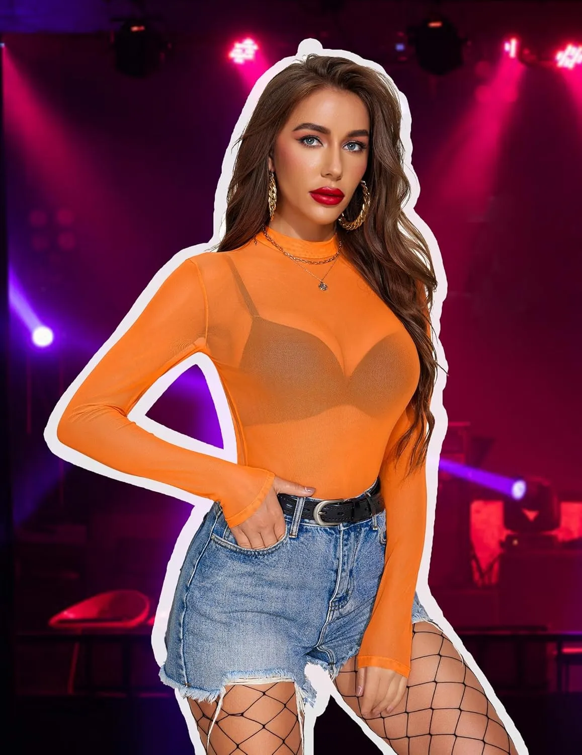 Avidlove Mesh Top for Women Long Sleeve See Through Shirt Mock Neck Sheer Blouse S-XXL