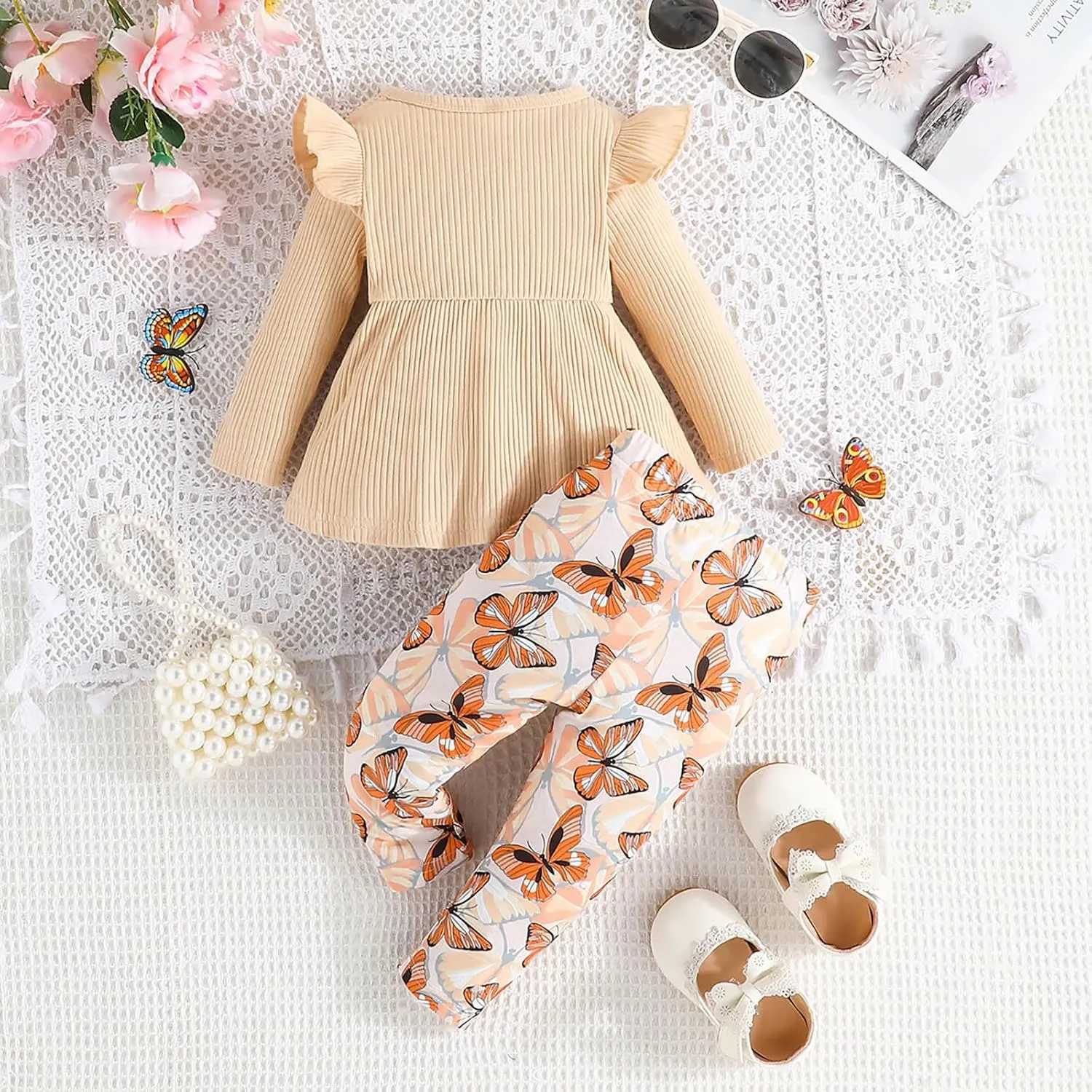 Baby Girls Clothes Autumn Dress Solid Color Ribbed Bow Stripe Ruffle Long Sleeve Tops Floral Print Pants 2Pcs Outfit