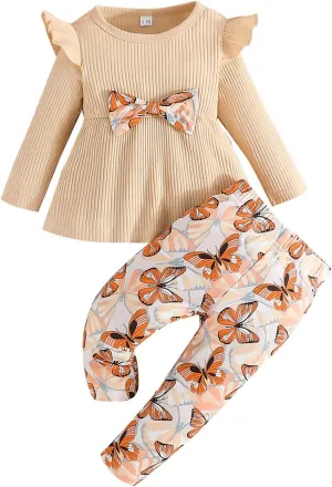 Baby Girls Clothes Autumn Dress Solid Color Ribbed Bow Stripe Ruffle Long Sleeve Tops Floral Print Pants 2Pcs Outfit