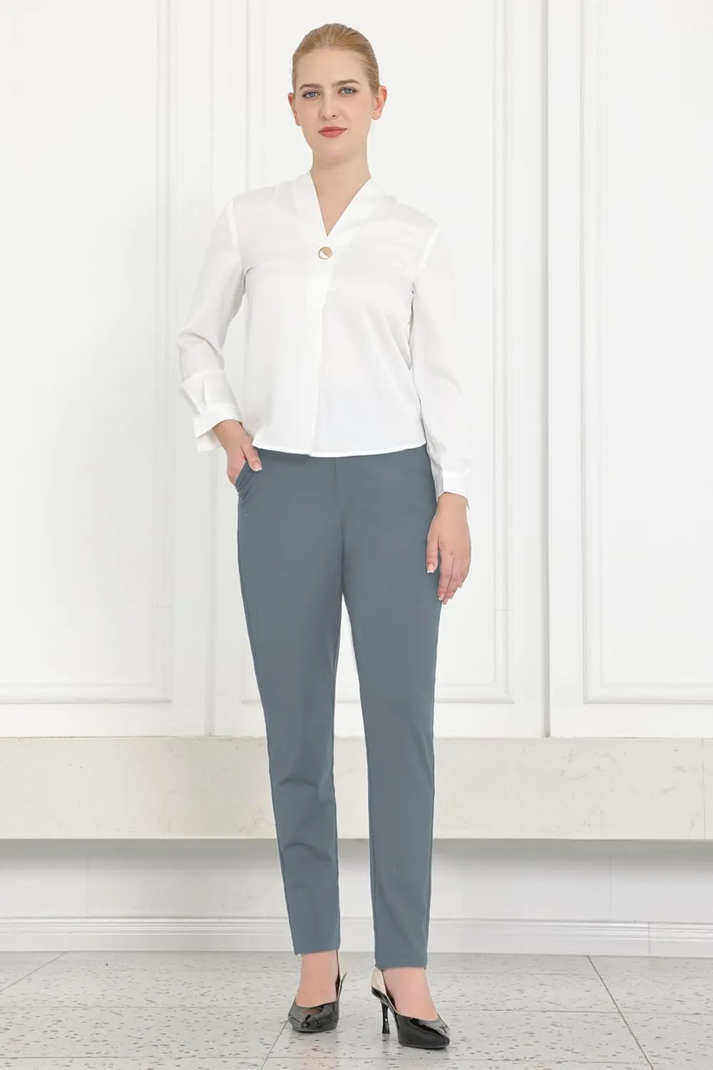 Bamans Dress Pants for Women High Waisted Skinny Leg Pants Work Business Trousers Formal Office Tummy Control Slacks