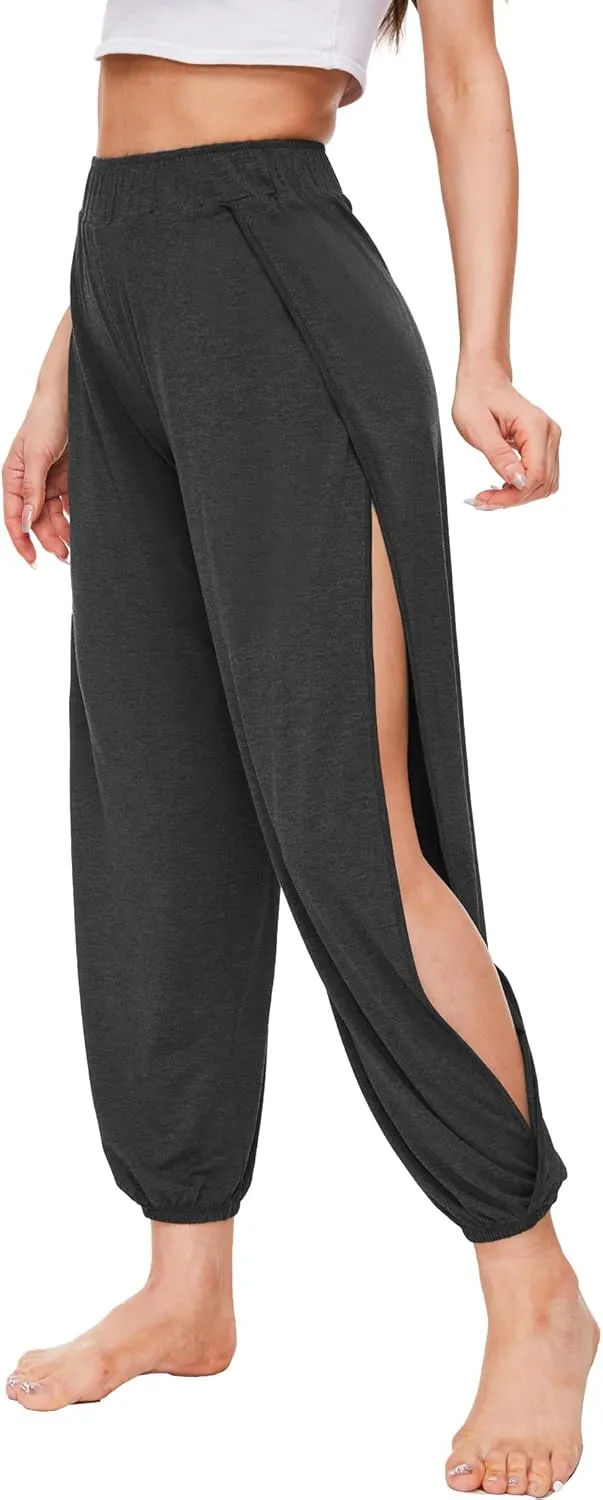 Bamboo Viscose Flowy Pants for Women Yoga Side Slit Pants