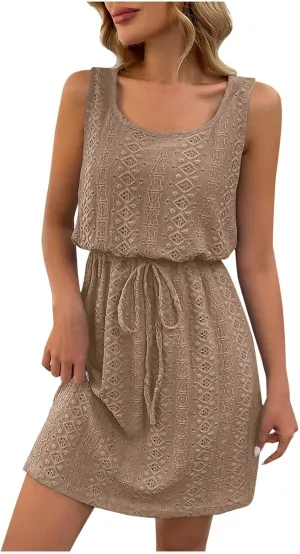 Beach Dresses for Women 2025 Vacation Waisted Drawstring Solid Mini Dress Hollow Out Sleeveless Summer Sundresses