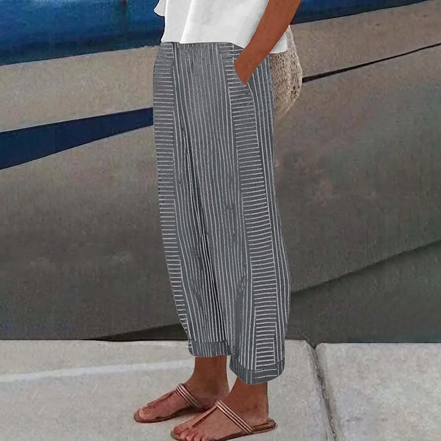 Beach Vacation Clothes for Women Elastic Waist Side Back Four Pockets 9/10 Pants Petite Summer Beachwear