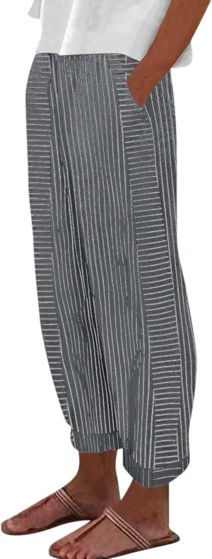 Beach Vacation Clothes for Women Elastic Waist Side Back Four Pockets 9/10 Pants Petite Summer Beachwear