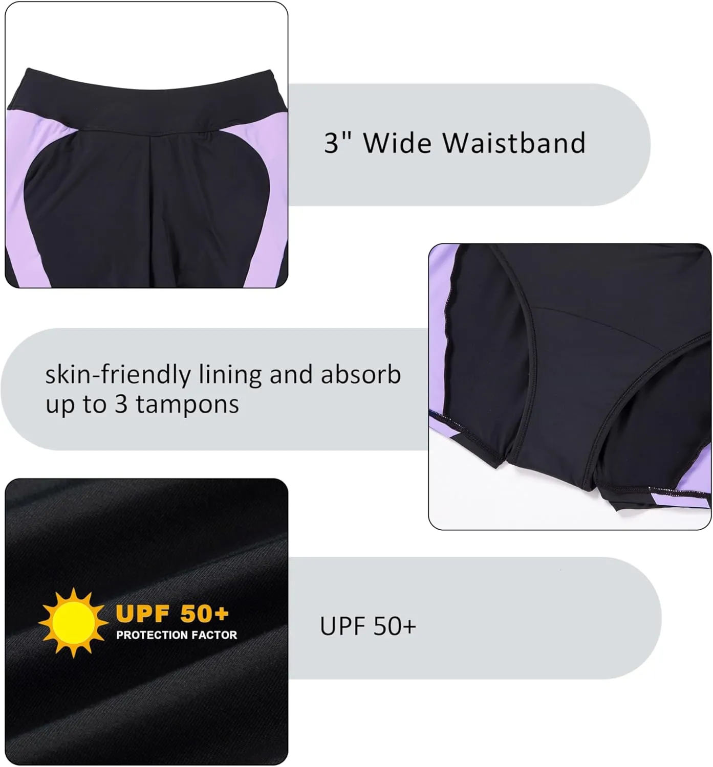 Beautikini Period Swimwear Menstrual Leakproof Swim Shorts Quick Dry 3" High Waisted Bathing Suit Bottoms for Girls Teens