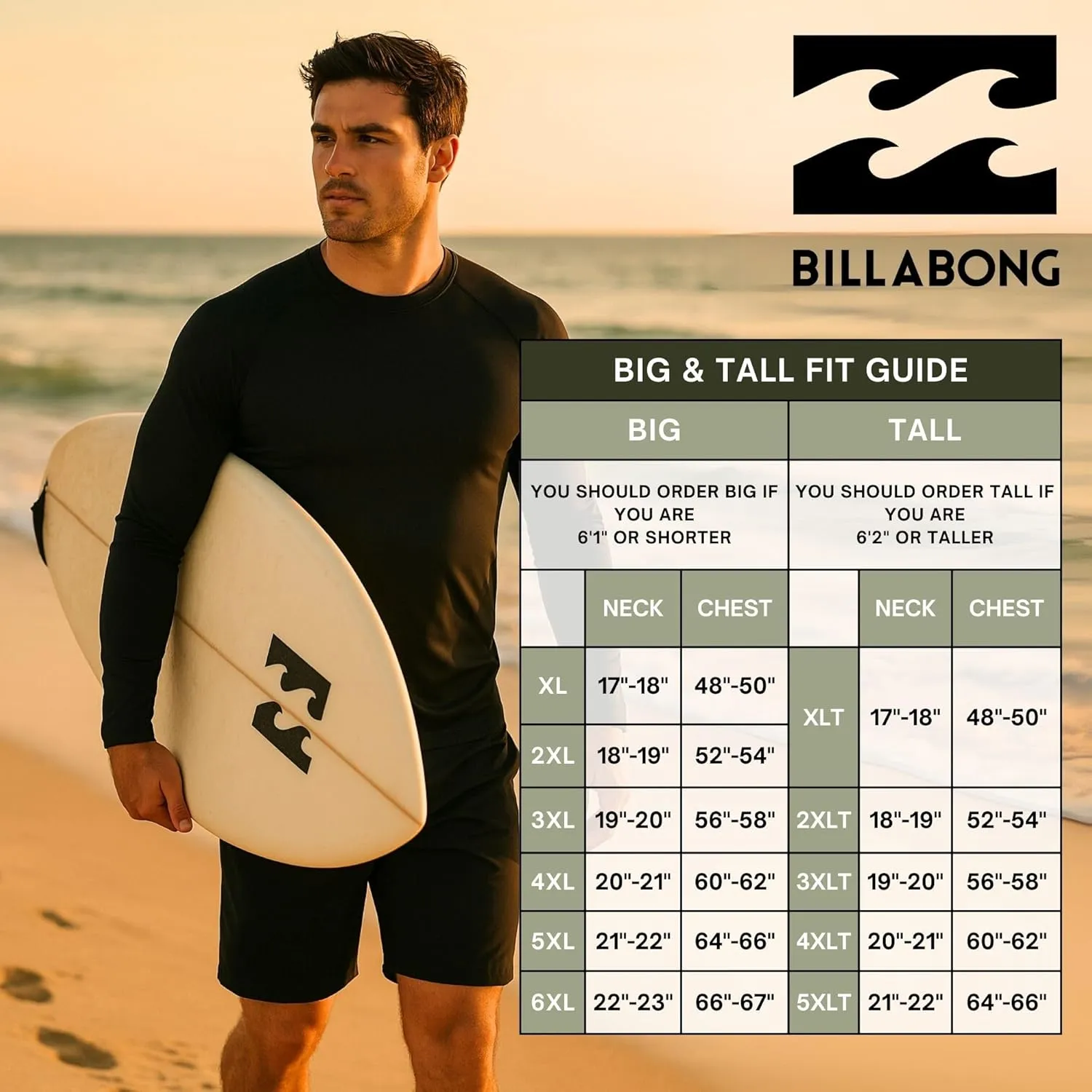 Billabong Hooded Rash Guard for Men Big and Tall, UPF 50  Long Sleeve Swim Shirt