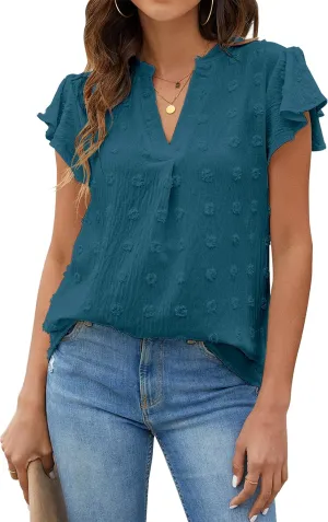 Blooming Jelly Womens White Blouse V Neck Ruffle Sleeve Flowy Shirts Dressy Casual Cute Summer Tops