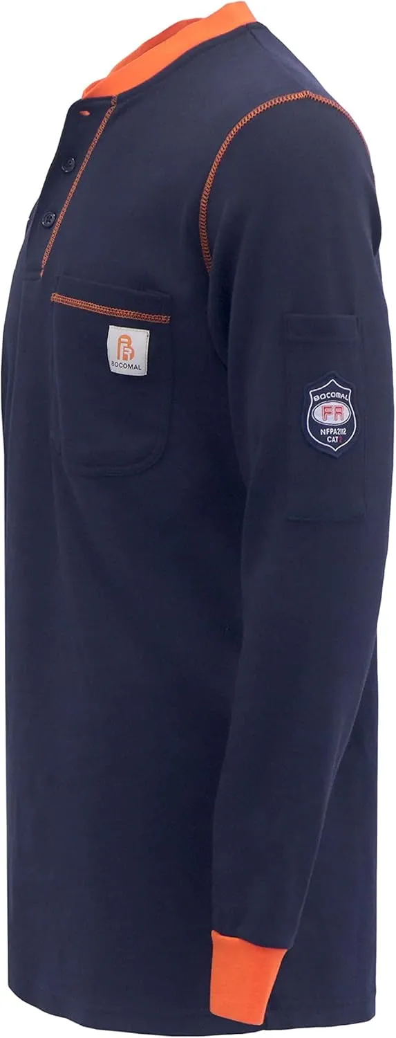 BOCOMAL FR Shirts Henley 7oz Midweight Fire Resistant Clothing NFPA2112 CAT2 Men's Flame Retardant Work Shirt