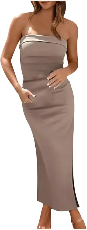 Bodycon Dresses for Women Sexy Strapless Tube Top Dress Side Split HOCO Maxi Dresses 2024 Summer Wedding Guest Dress