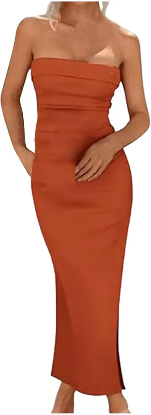 Bodycon Dresses for Women Sexy Strapless Tube Top Dress Side Split HOCO Maxi Dresses 2024 Summer Wedding Guest Dress
