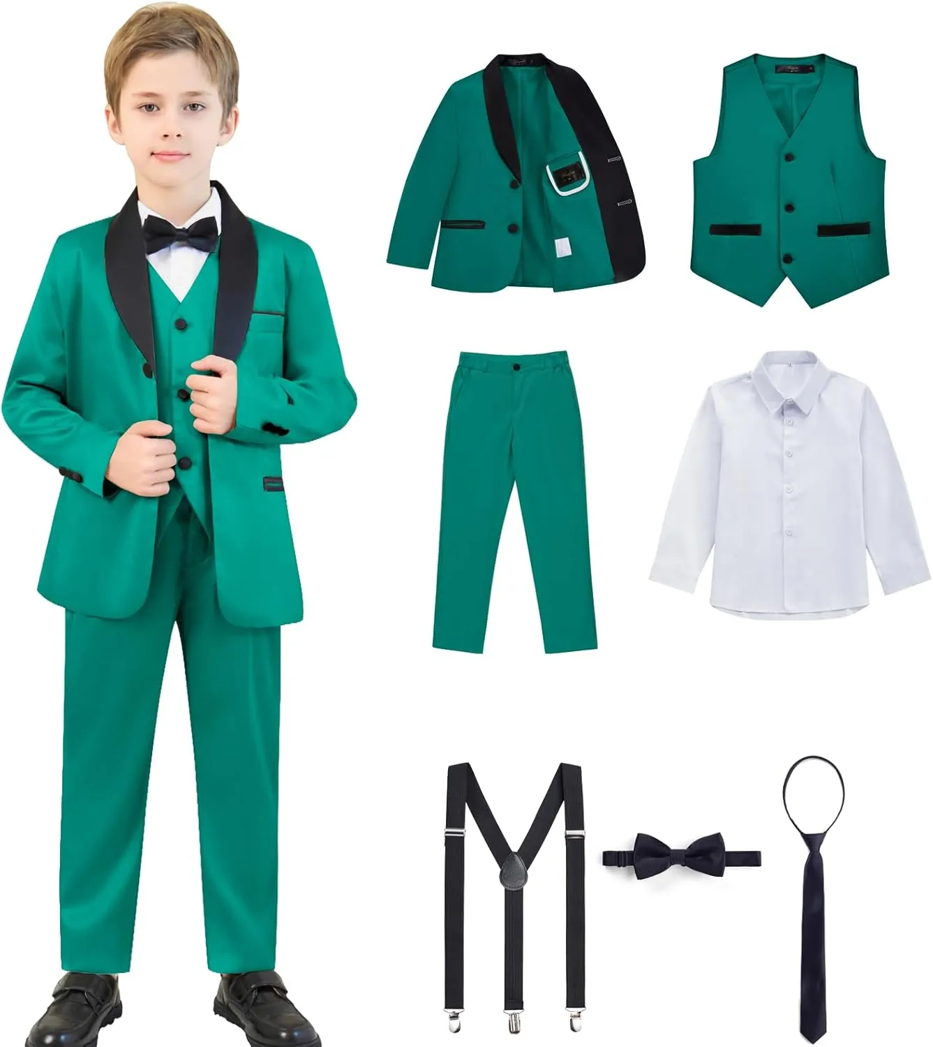Boy Suits 7 Piece Set Slim Fit Formal Tuxedo Suit with Tuxedo Jacket Vest Pants for Kids Wedding Ring Bearer Party