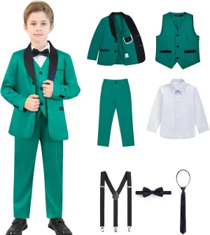 Boy Suits 7 Piece Set Slim Fit Formal Tuxedo Suit with Tuxedo Jacket Vest Pants for Kids Wedding Ring Bearer Party